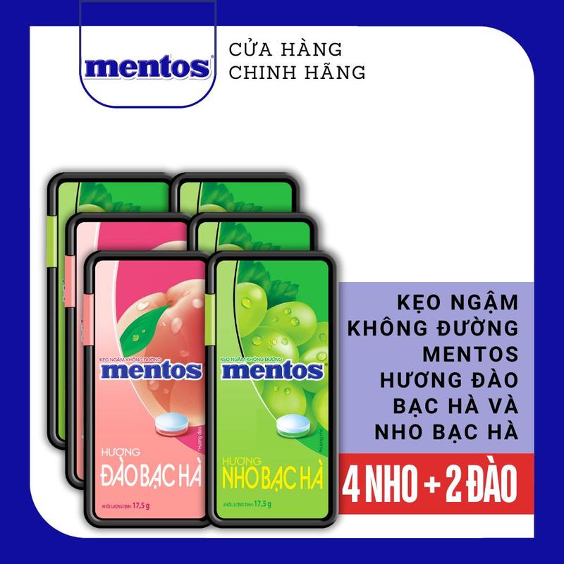 COMBO 6 Kẹo ngậm không đường Mentos Hương Đào/Nho Bạc Hà (6 hộp nhựa) mang đến hơi thở tươi mát