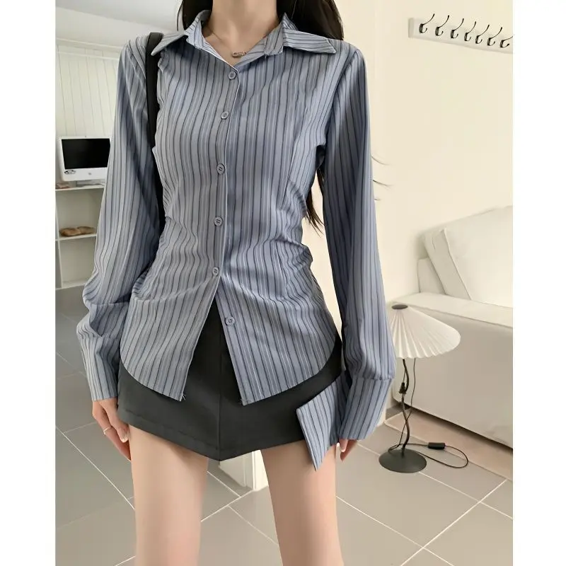 Áo Khoác Sơ Mi Dài Tay, Sọc Xanh Cô Gái Nóng Bỏng, Thiết Kế Cao Cấp Dành Cho Nữ, Thích Hợp Cho Mùa Xuân Và Mùa Thu, Phong Cách Độc Đáo Dễ Thương Và Gợi Cảm, Áo, Hàng Đầu Top Women