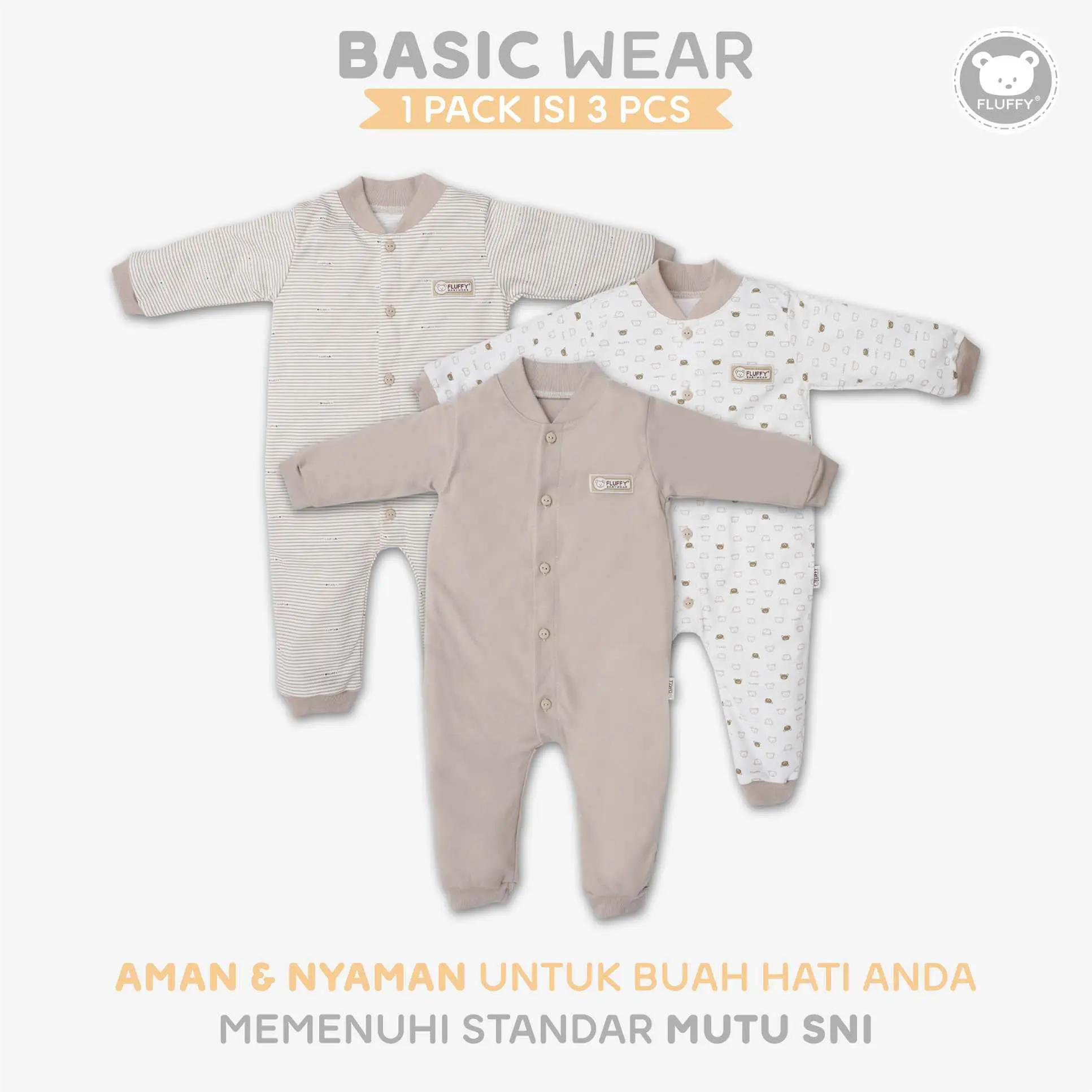 FLUFFY Sleepsuit Buka Kaki Bayi Khaki (Isi 3Pcs) KDS KKI SML