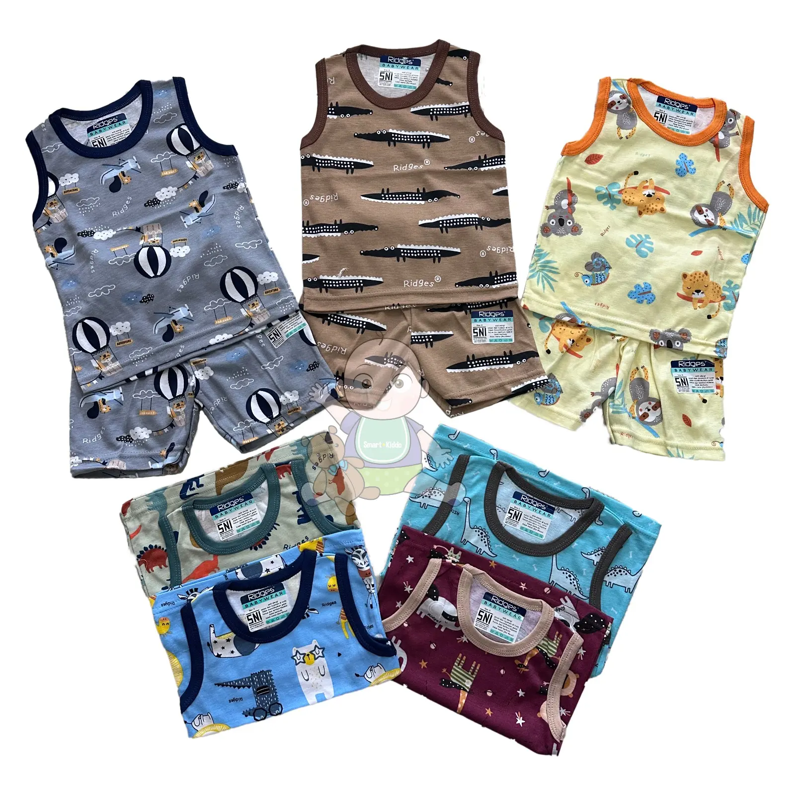 Baju Setelan Anak Singlet Ridges Motif Dasar Warna - Baju Bayi Adem Lembut ber-SNI - Setelan Baju Bayi parsel