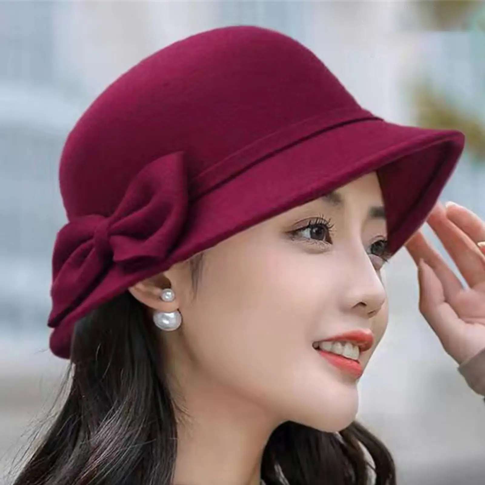 Mũ Len, Màu Trơn Rộng Vành, Hình Ngôi Nhà Tròn, Ấm Áp, Dành Cho Phụ Nữ, Mùa Thu Đông, Trang Trí Thắt Nơ Thanh Lịch, Mũ Fedora Nỉ, Thích Hợp Để Mặc Hàng Ngày