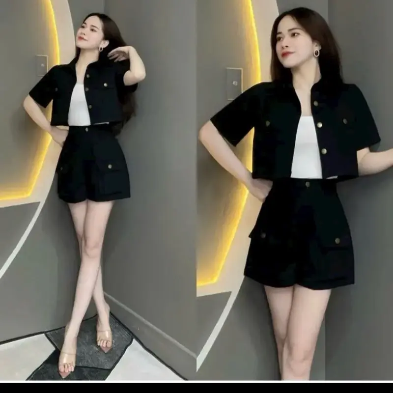 Sét 2 chi tiết áo crop top mix quần  short - Chất liệu kaki 0