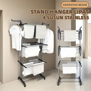 Rak Jemuran Lipat Serbaguna 4 Susun Stainless Steel Anti Karat Roda Kokoh Kuat Portable Hemat Tempat Besi Plastik Handuk Baju Sepatu Bayi 24 Baris 14 Slot 2 Penyangga