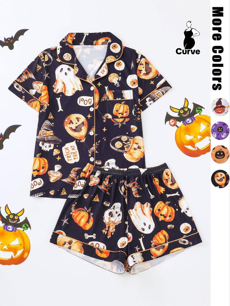 Product Introduction of 【Plus Size】 Two-piece Set Pumpkin & Skull Print Lapel Neck Pocket Shirt & Elastic Waist Shorts Pyjama Set, Halloween Casual Comfy Short Sleeve Button Up Top & Shorts Pj Set, Halloween Pajamas, Christmas Pajamas, Pyjamas for Women 5