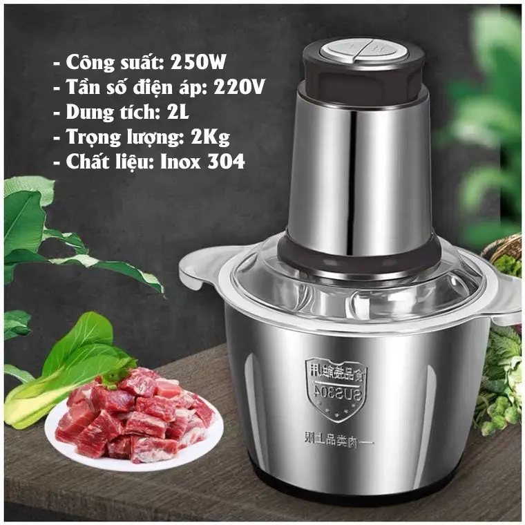 Máy Xay Thịt Đa Năng Cối INOX 304 2L Công Suất 250W, 4 Lưỡi Dao Xay Thịt Cá, Rau Củ, Xay Sinh Tố, Cối Xay Thực Phẩm Đa Năng. 0