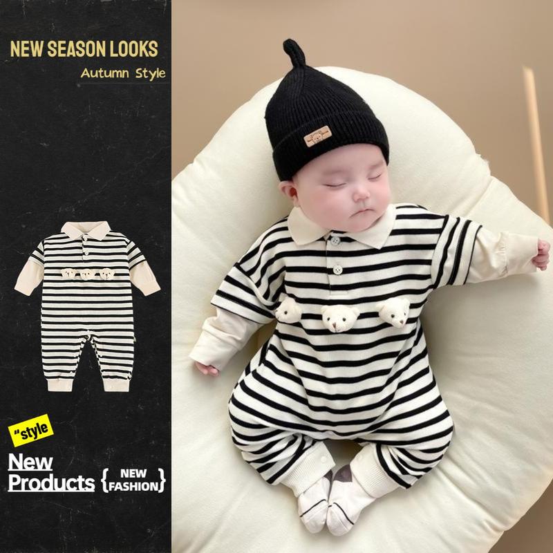 Áo Liền Quần Thân Dài Tay, Cho Em Bé Trai Và Bé Gái, Làm Bằng Bông, Thích Hợp Cho Mùa Xuân Và Mùa Thu, Với Ba Gấu Nhỏ Dễ Thương, Áo Polo Sọc, Phong Cách Hàn Quốc Siêu Dễ Thương, Thích Hợp Cho 0-36 Tháng