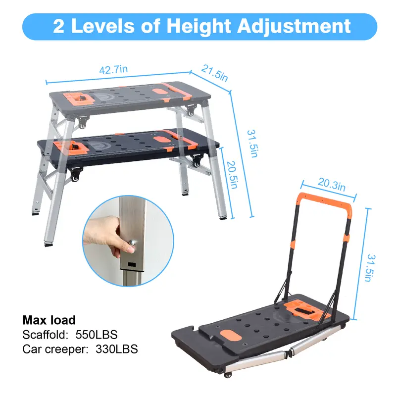 LEADALLWAY 7-in-1 Folding Portable Workbench Painted Work Table as Workbench, Scaffold,Platform,Sawhorse,Car Creeper and Hand Truck with 4 Wheels 3