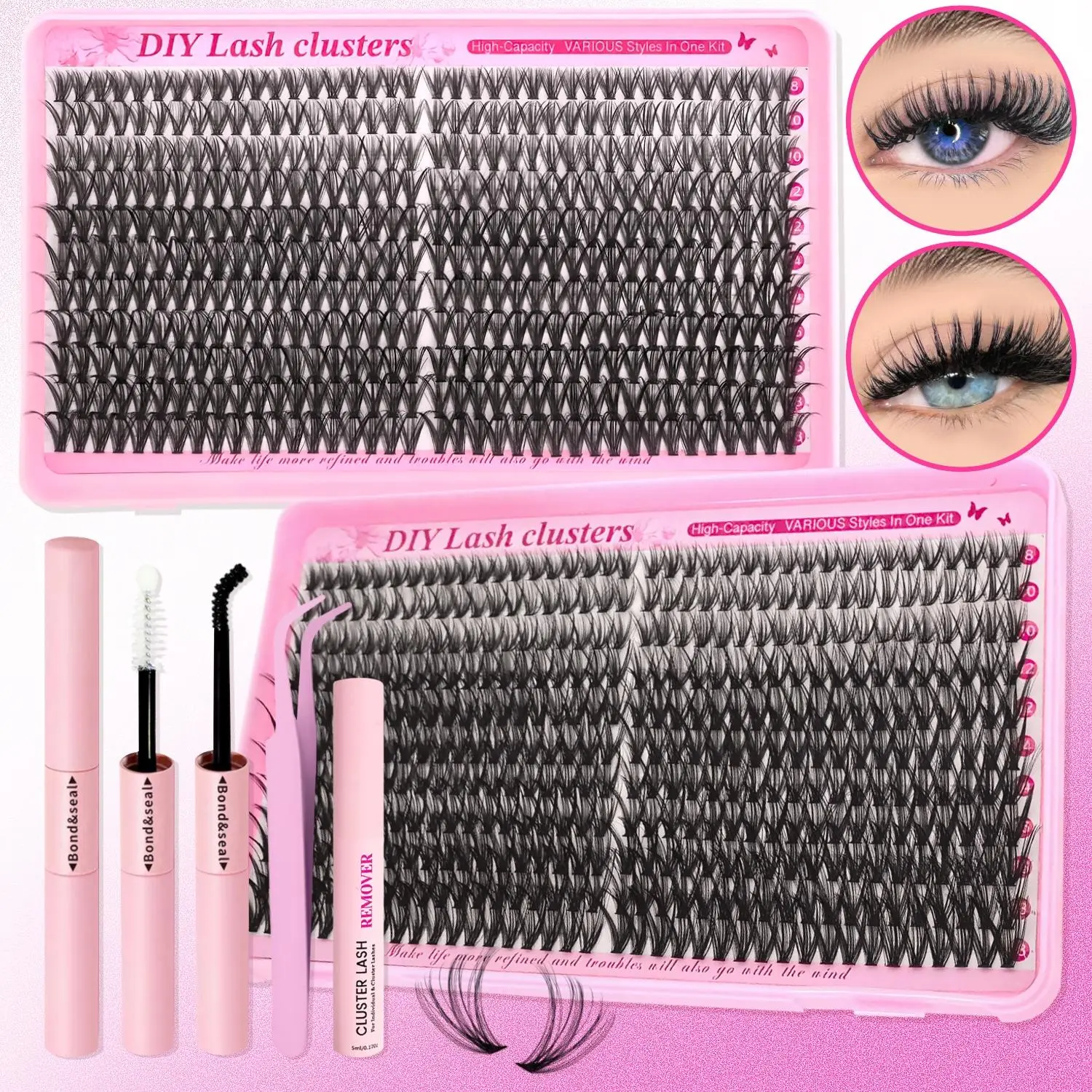 Individual False Eyelashes Kit, 1 Box Mixed Length D Curl Lash Clusters with Lash Bond and Seal, Remover & Tweezers, Natural, Dense, Fluffy Eye Makeup Accessories for Women