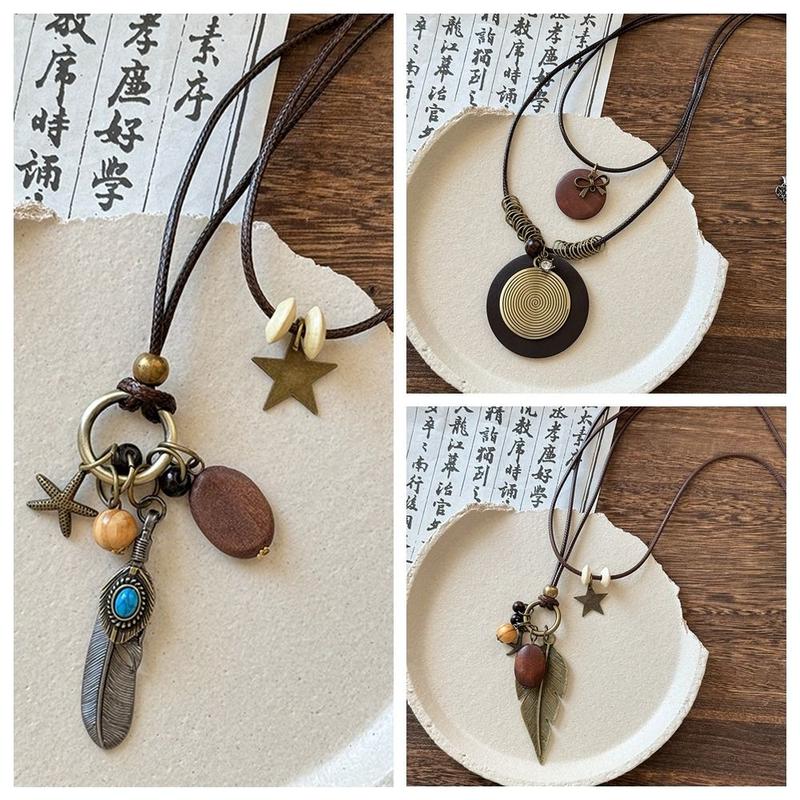 Vòng Cổ Phong Cách Dân Tộc, Tua Rua Cổ Điển, Thiết Kế Gỗ Họa Tiết Phong Cách Bohemian, Choker, Thiết Kế Lá, Làm Bằng Dây Thừng Pu, Dây Chuyền Áo Len Dài, Thích Hợp Cho Bữa Tiệc 2