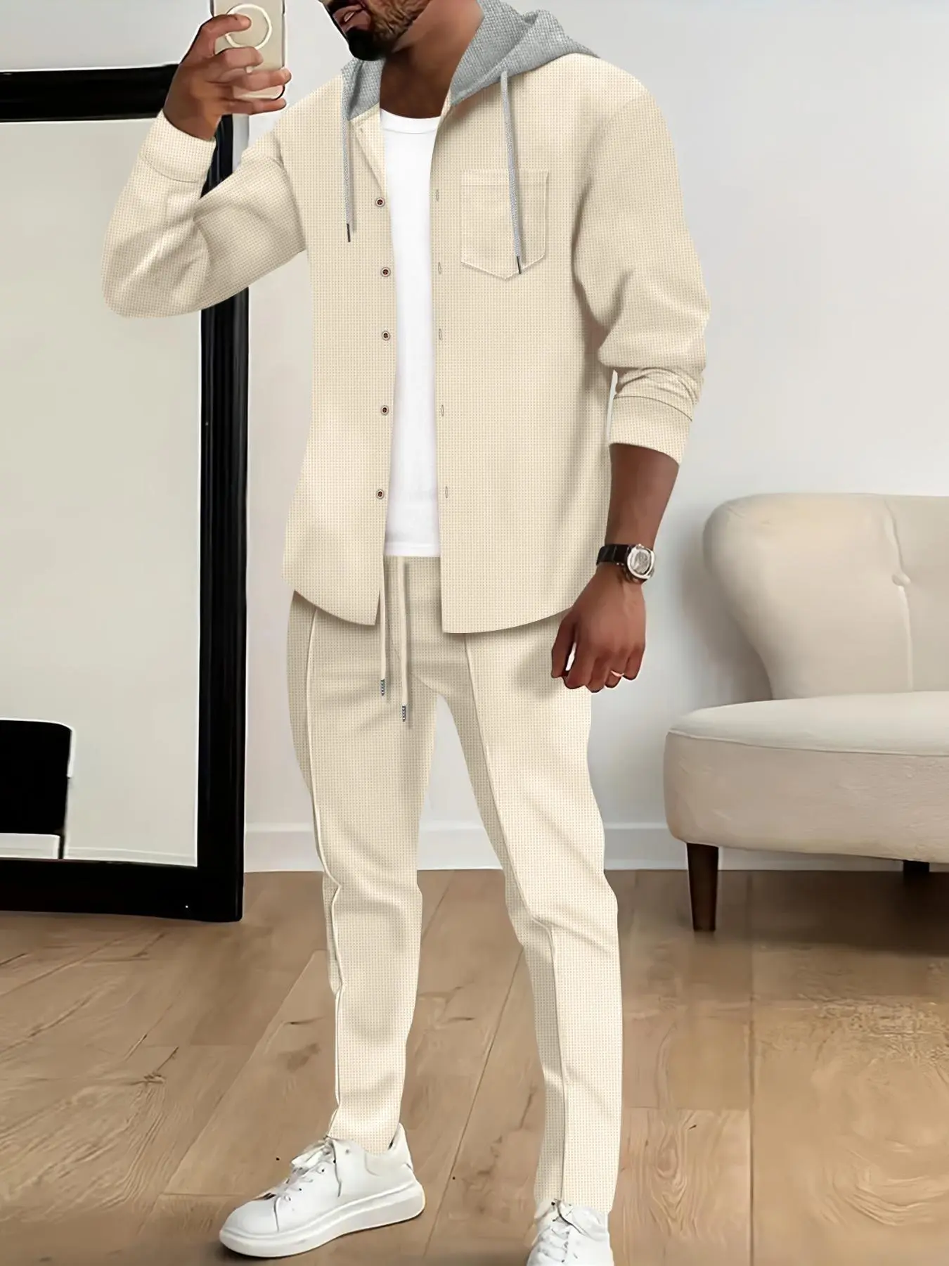 Men's Solid Color Loose-Fitting Waffle Pattern Top and Pants Two-Piece Set, Casual Long Sleeve Button Front Chest Pocket Hooded Outerwear & Drawstring Waist Top-Stitching Trousers for Daily Wear, Men's Two-Piece Outfits for All Seasons