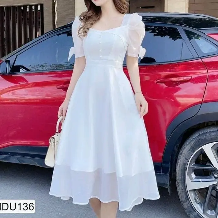 Đầm xòe dự tiệc phối cườm tay  phồng màu trắng sang trọng Nữ Thun Women Voi