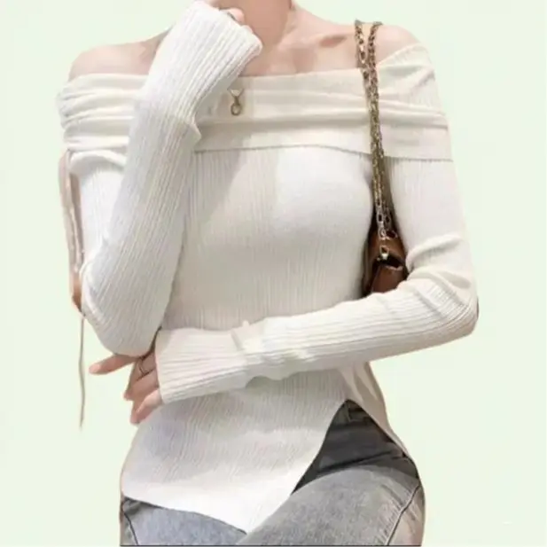 Áo nữ Len gân Trễ Vai xẻ vạt trẻ trung năng dộng Women Top Nhung Tre baby  tee