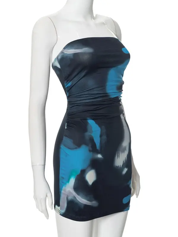 Women's Tie Dye Print Ruched Tube Dress, Fashionable Sundress, Sleeveless Strapless Bodycon Mini Dress for Daily Outdoor Club Wear, Ladies Dress for Spring, Chic Style Outfit, Womenswear 7
