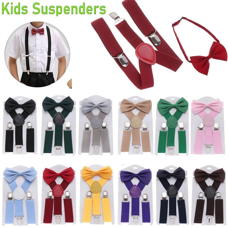 Product Introduction of 2 Sets Charming New Fashion Children Wedding Dress Solid Color Hair Bow Set Clip-on Adjustable Kids Suspenders Cow Tie Belts Elastic Braces Printed Bow Tie 18