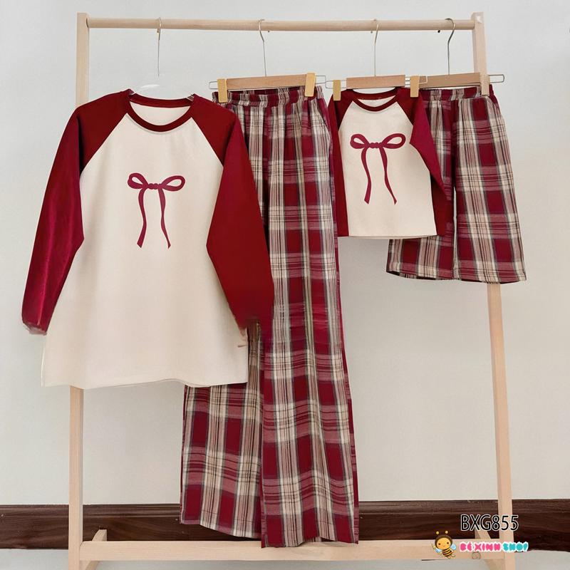 [BexinhshopVN] [Mẹ & Bé] Bộ áo dài tay Raplang Nơ quần Caro Ống Rộng dễ thương cho bé gái BXG1130