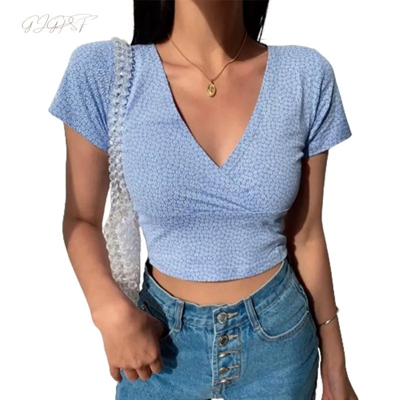 Women's Floral Print Cropped Tops Short Sleeve Wrap V Neck Slim Fit Baby Tees Streetwear