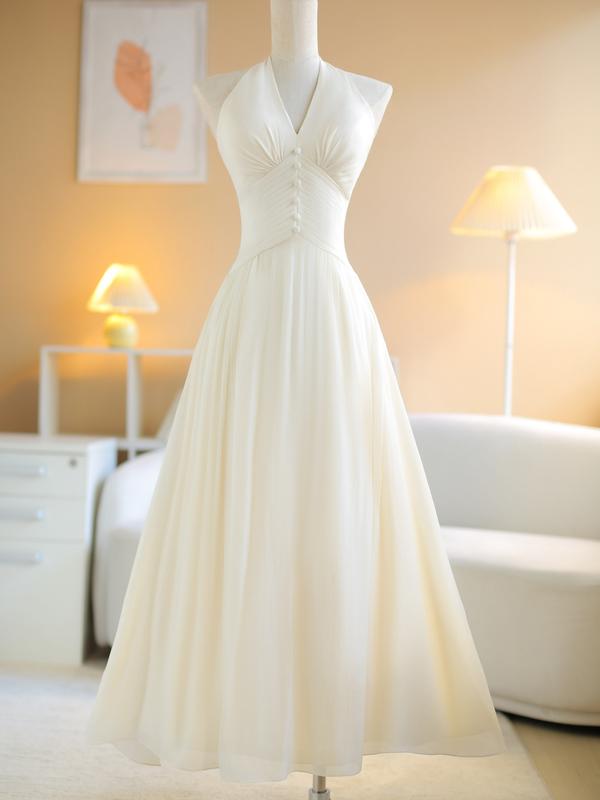 SÒ VINTAGE - IVORY đầm cổ yếm xếp li eo phom xòe, dáng dài