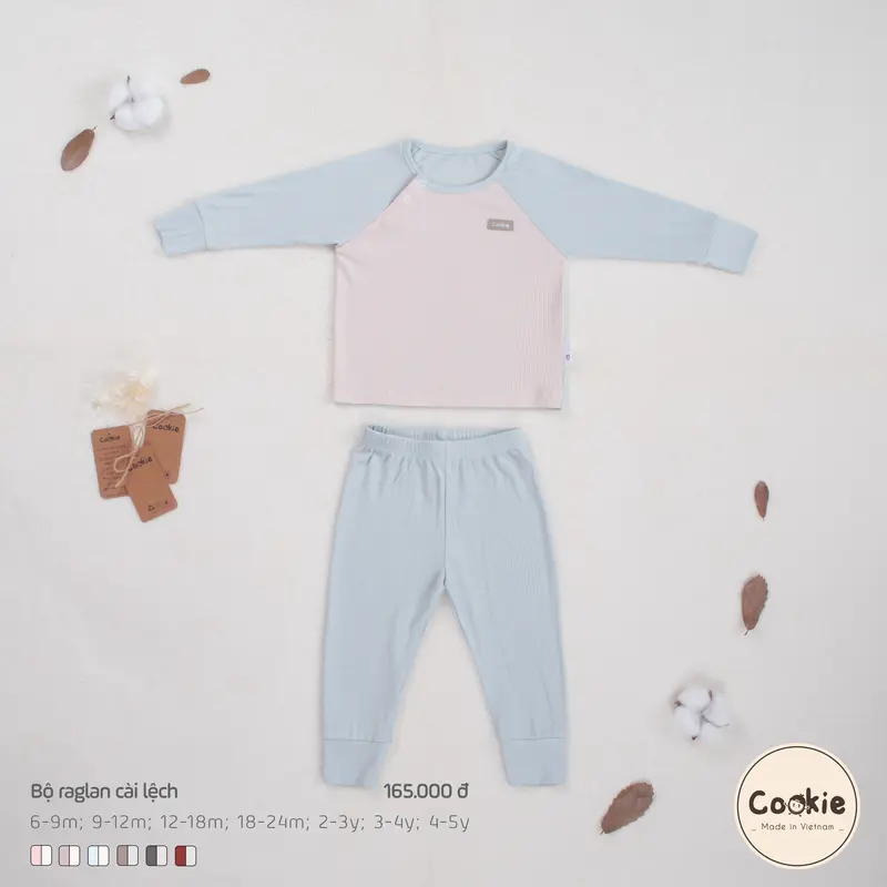 Bộ Quần Áo Dài Tay Cookie Raglan Cài Lệch Cho Bé Size 6-9M Đến 4-5Y, Chất Liệu Cotton Tăm Lạnh 3