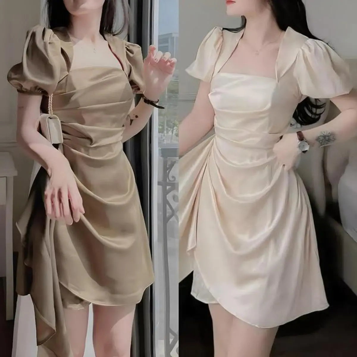 Đầm Váy Phi Lụa Bóng Sang Trọng 2 Màu Trắng Nude Và Nâu Dự Tiệc KEM