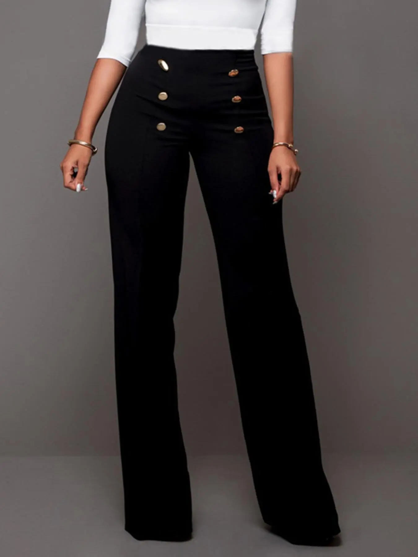 Women's Plain Double Button High Waist Pants, Casual Elegant Chic Zipper Back Trousers for Spring & Fall, Fashion Women's Bottoms for Daily Wear, Trousers for Women