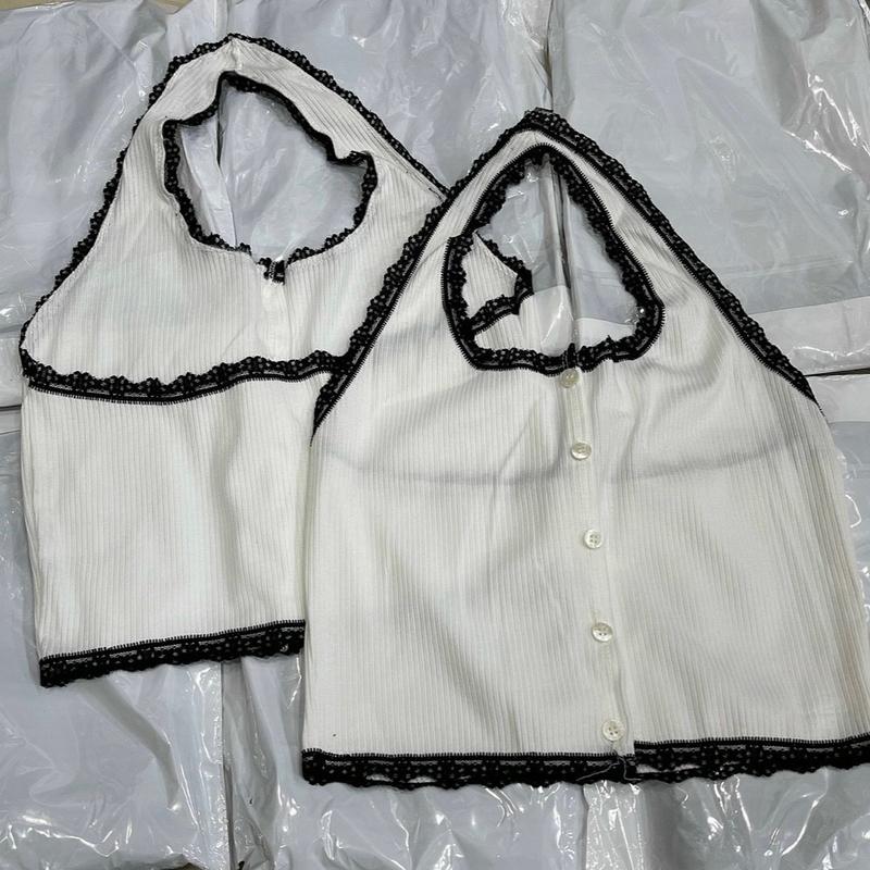 Áo thun yếm nữ crotop cài nút phối dây ren Women Croptop, Dáng Ngắn 1