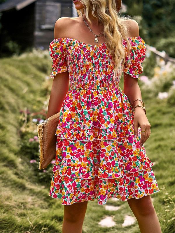Women's Ditsy Floral Print Off Shoulder Shirred A Line Dress, Summer Clothes Women, Puff Sleeve Tiered Layer Ruffle Short Dress for Beach 5