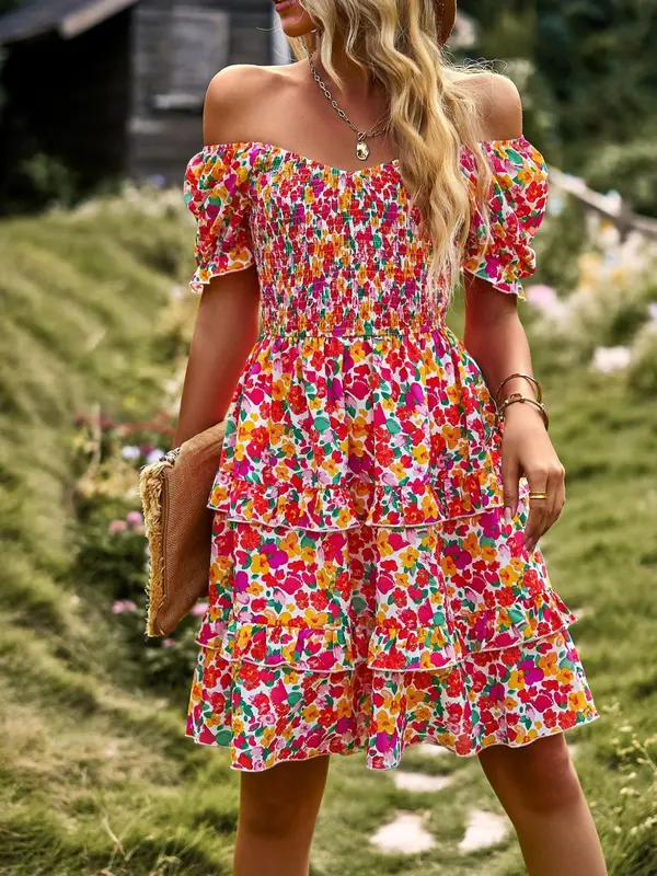 Women's Ditsy Floral Print Off Shoulder Shirred A Line Dress, Summer Clothes Women, Puff Sleeve Tiered Layer Ruffle Short Dress for Beach 5