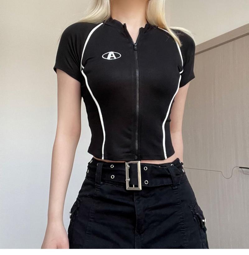 Product Introduction of Áo Cardigan Có Khóa Kéo, Phong Cách Xe Máy Mỹ, Áo Thun ngắn Tay Dành Cho Nữ, Có Sọc Nụ Thêu, Màu Đen, Áo Thể Thao Và Thể Dục Dễ Phối Đồ 2