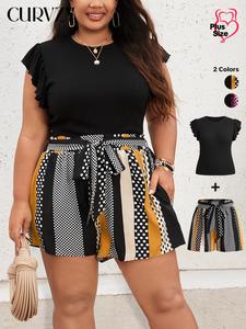 CURVZY Plus Size Polka Dot & Striped Print Two-piece Set, Casual Butterfly Sleeve Tee & Pocket Belted Shorts Set, Women's Outfits for Summer