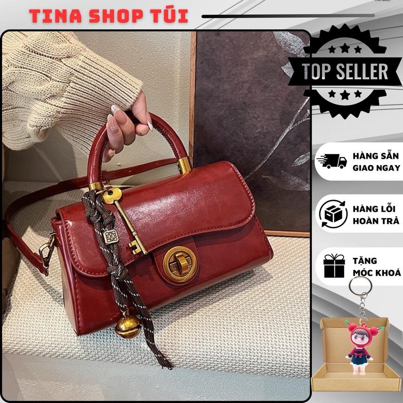 Túi cầm tay nội địa trung size 22cm; túi khoá xoay kèm charm phụ kiện chuông khoá; túi cầm tay kèm dây đeo chéo căn chỉnh  Bag Nữ Kem Jean