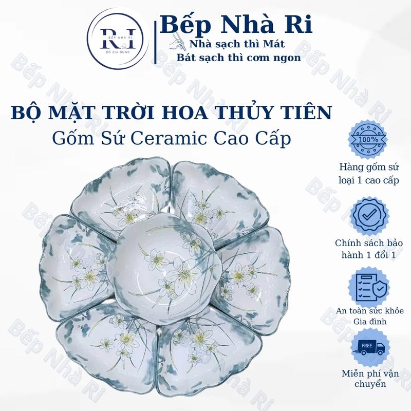 Bộ bát đĩa mặt trời [ Không Kèm Khay ] họa tiết Hoa Thủy Tiên - GỐM SỨ CERAMIC - decor trang trí - bày mâm lễ Gia Đình