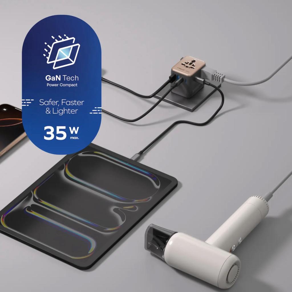 Momax Travel Adaptor 1-World2+ Mini Universal 4-Port 1A 2C + Built-in USB C (with Dual AC) PD QC GaN 100W - Black UA25D