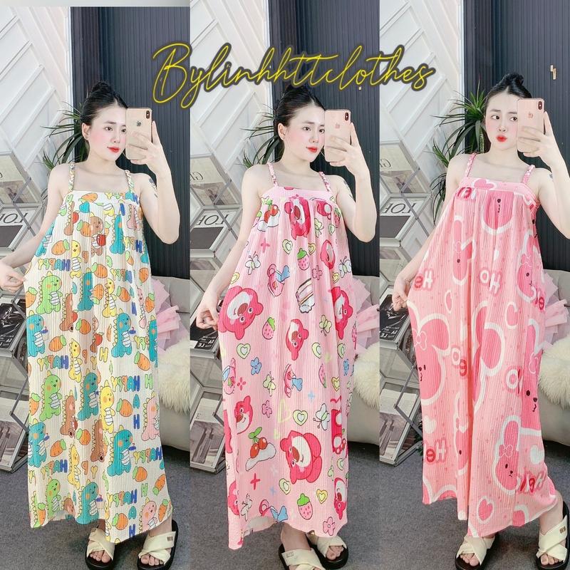 VÁY 2 DÂY THUN XỐP THÁI DẬP LY HOẠ TIẾT GẤU DÂU DÁNG SUÔNG DÀI FREESIZE 40-80kg Nữ Women