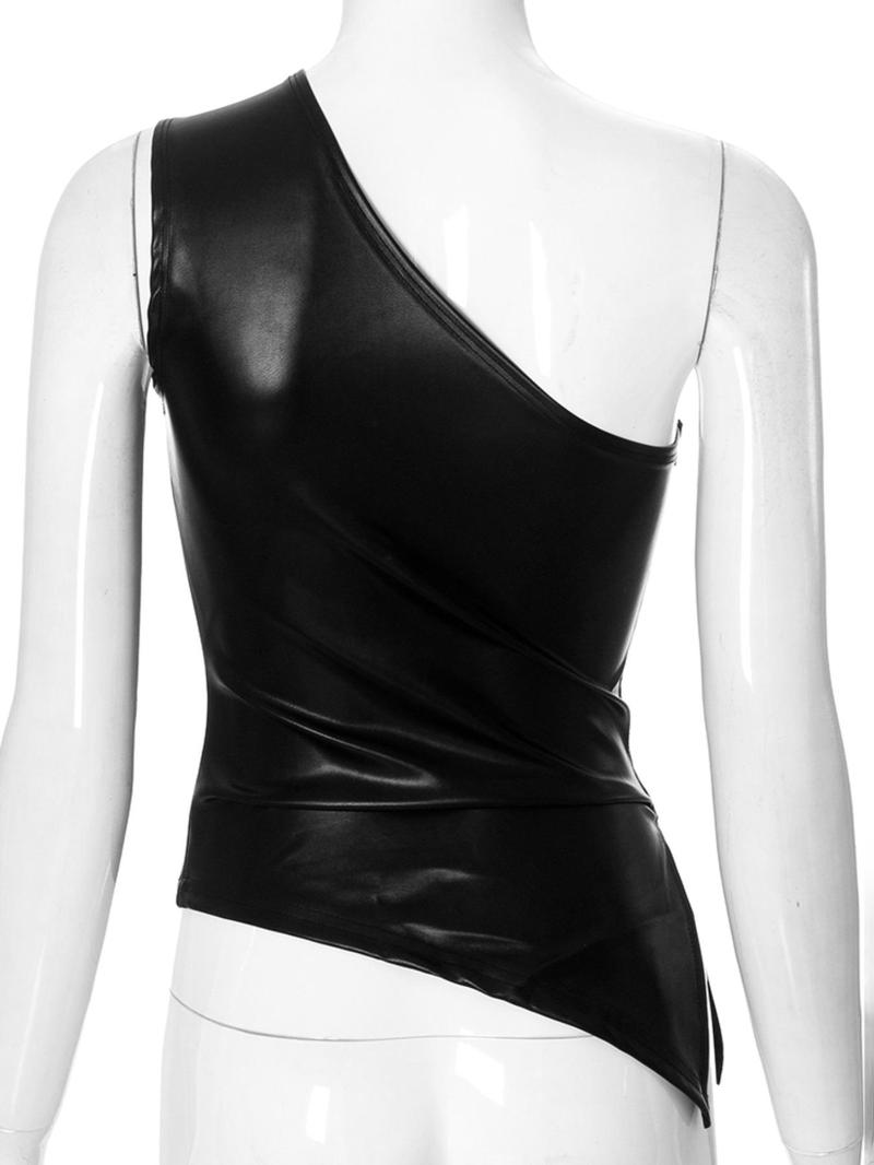 Product Introduction of Women's Solid Asymmetrical Neck Tank Top, Fashion Casual PU Leather One Shoulder Top for Daily Outdoor Wear, Ladies Clothes for All Seasons 13
