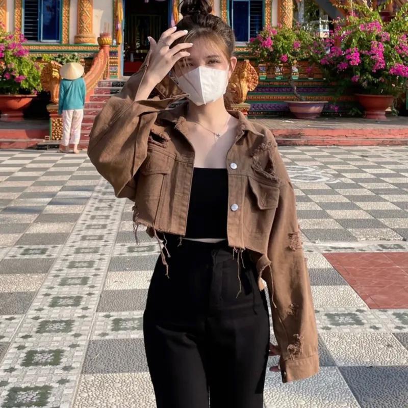 Áo khoác kaki croptop form rộng rách kiểu đẹp ạ Nữ Women Jacket