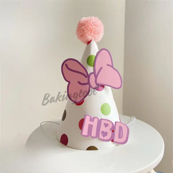 Mũ sinh nhật giấy-Chóp bông siêu to HBD chấm bị TRẮNG (10 mũ)