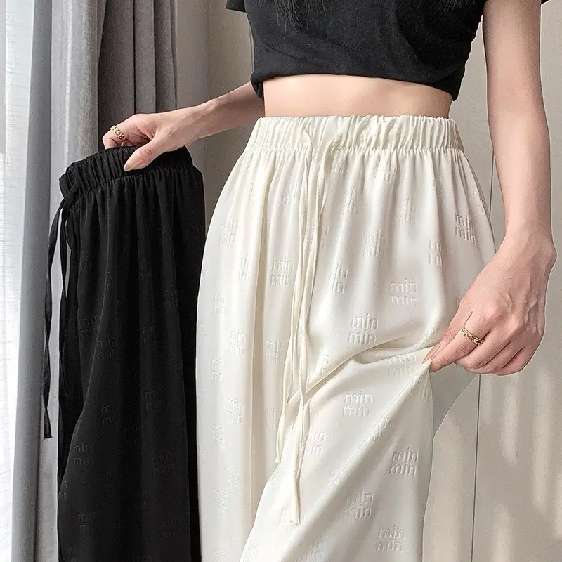 Quần lụa ống rộng dáng dài suông dập chìm chữ min cho nữ Mùa Hè Miu Siêu Đẹp Hàng Chuẩn women pants Ong Đen/hồng/trắng sữa Nhung 3