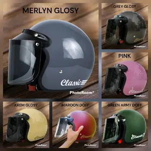 Helm Bogo Classic Garis Tiga untuk Pria Wanita Dewasa dengan Kaca Cembung Datar Anti Gores