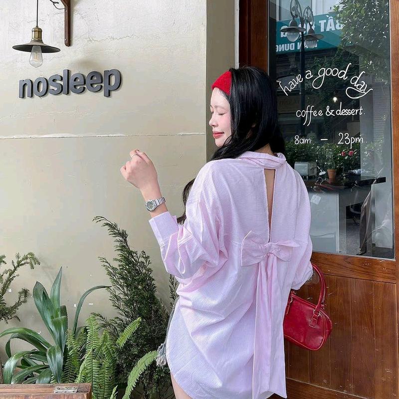 Áo  sơ-mi dáng rộng kẻ sọc cổ đức nơ sau bảng màu pastel xinh xắn 7