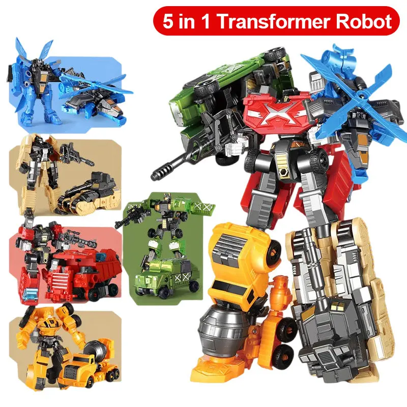 5 in 1 Transformers Toy Robot Boy Fighting Mecha Assembled Model Tank Fighter Car Warrior Birthday Gift