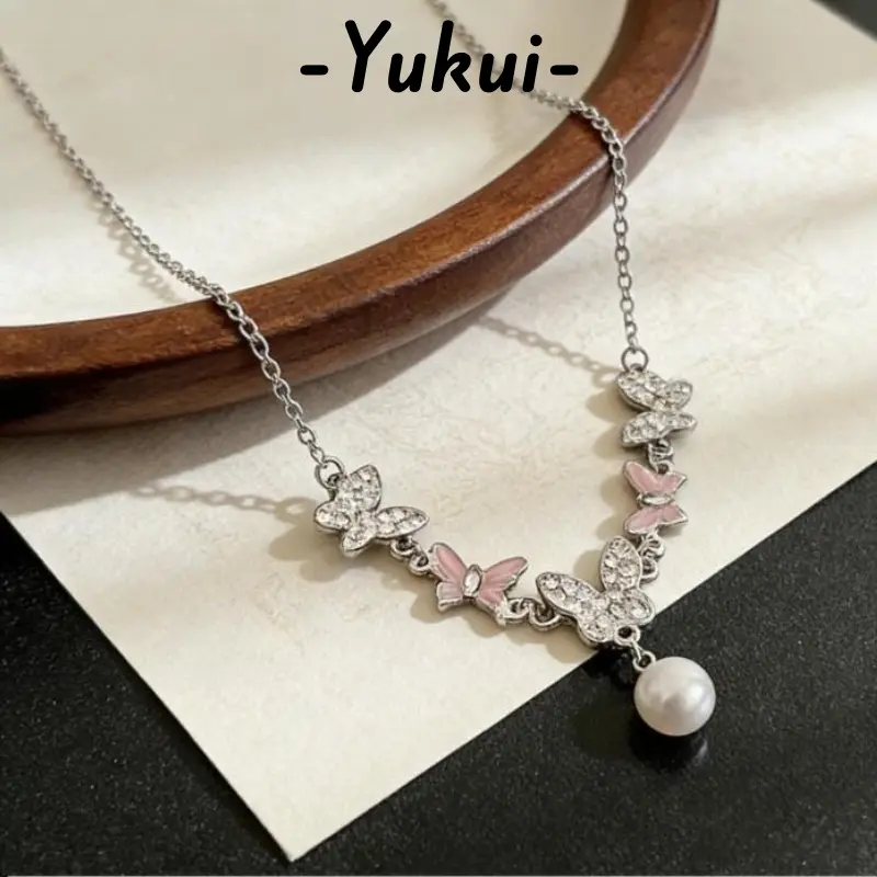 [Yukui]Anting kalung kupu perak untuk wanita dan siswa kalung mutiara sayap Y709