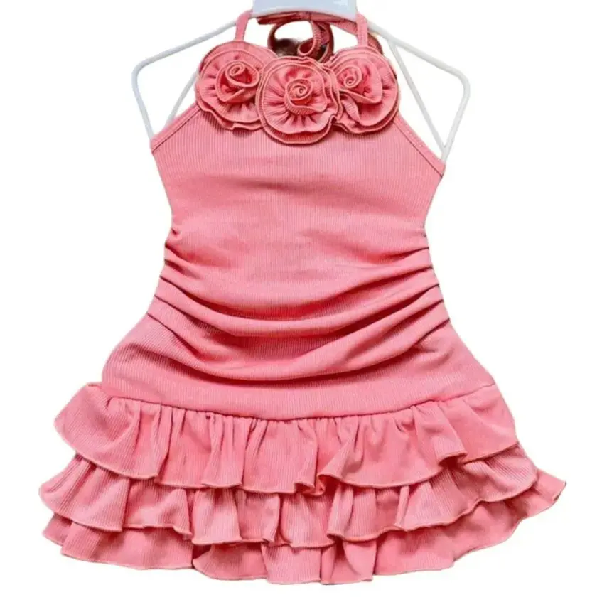S280 Thiết kế đầm body thun gân cổ yếm 3 hoa dáng xòe tầng dễ thương cho bé 9-32kg