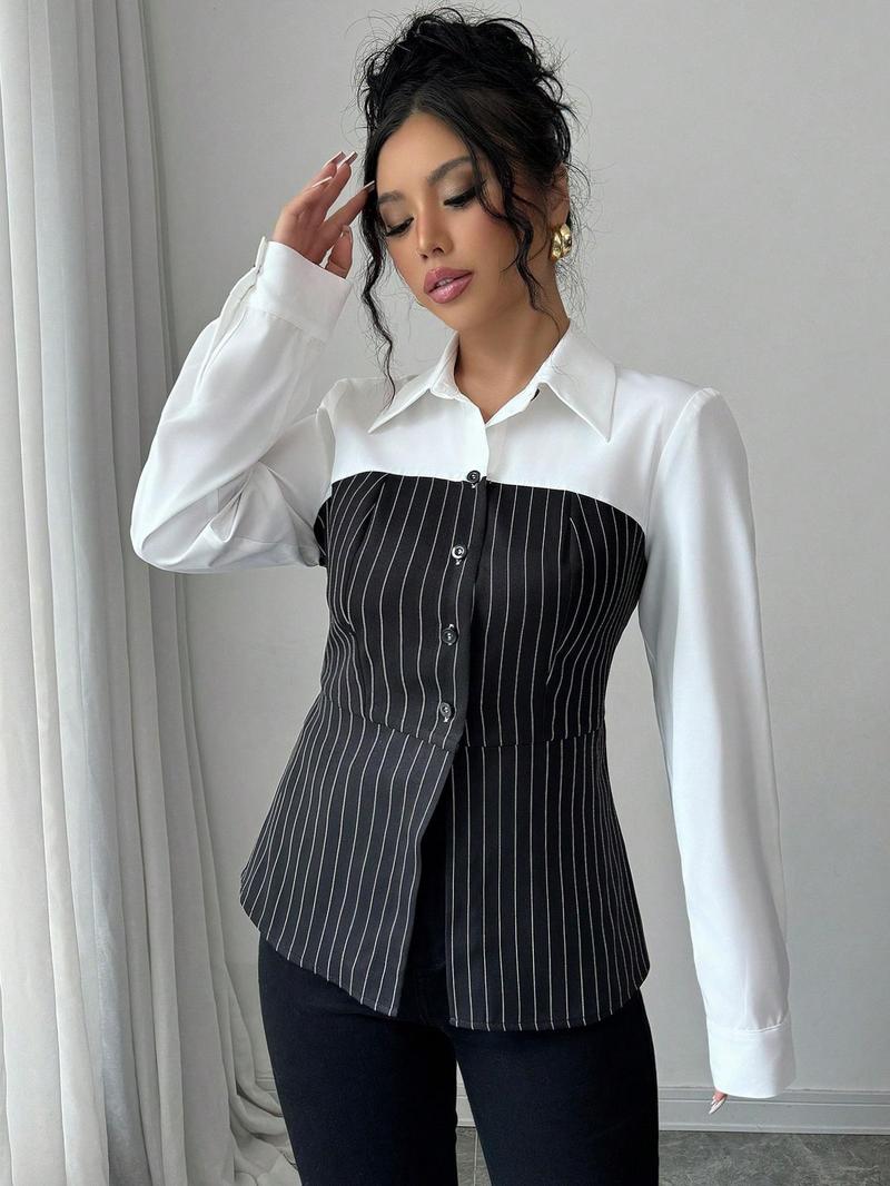 Product Introduction of 【Plus Size】 Striped Print Collar Shirt, Casual Long Sleeve Top for Spring & Fall, Women's Clothes for Daily Wear 4