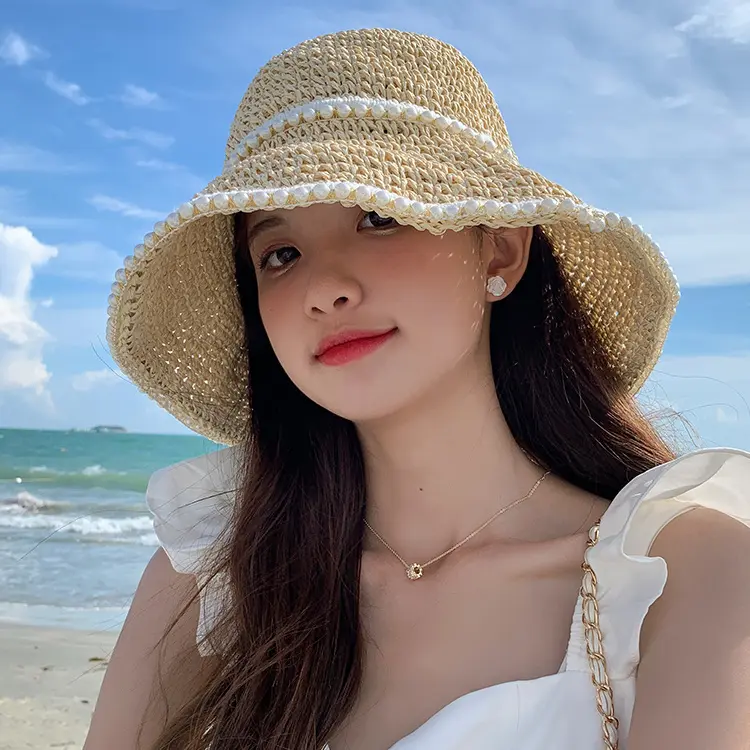 Woven Pearl Straw Hat, Summer Thin, Sun-Proof, Bucket Hat, Cool, Uv Blocking, Suitable for Girls Seaside Beach Sun Hat