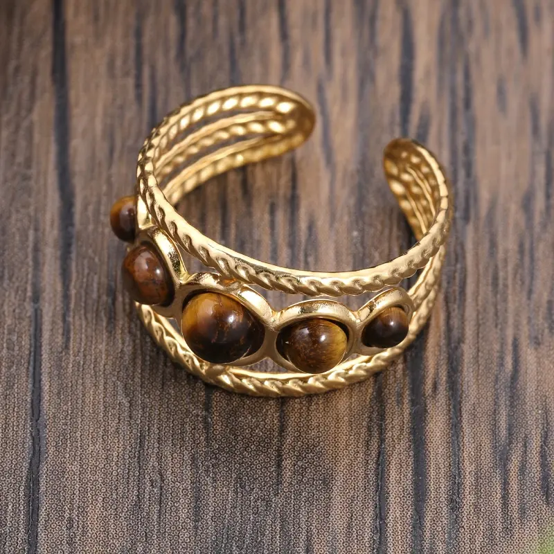 Round Hollow Ring With An Opening Adjustment Set Natural Stone Stainless Steel Golden Simple Palace Style Gift Banquet Jewelry Light Luxury Ring 5