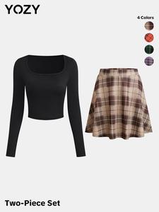 YOZY Women's Plain Crop Top & Plaid Print Flared Skirt Two-Piece Set, Elegant Fashion Casual Square Neck Long Sleeve Top & High Waist Skirt for Daily Outdoor Wear, Ladies Spring & Fall Clothes, Valentine's Day Gift for Girl