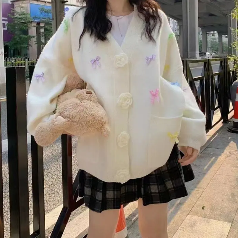 Áo Khoác, Màu Pastel, Cổ Chữ V Có Nơ, Áo Cardigan Dệt Kim 3D, Hàng Mới Về, Dáng Rộng Vừa Vặn, Phong Cách Ngọt Ngào Áo Len Cho Nữ, Thích Hợp Cho Mùa Thu Và Mùa Đông 3
