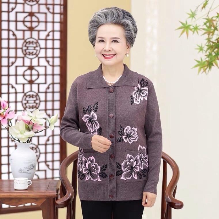 Áo cardigan len, Áo khoác len trung niên nữ cổ bẻ cúc cài món quà tặng cho bà và mẹ Top Women Dệt Đỏ Voi