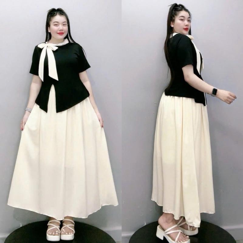  set bộ  nơ bigsize dễ thương  vải thun ruby co giản phối váy lụa xoa cao cấp dáng dài tôn eo che khuyết điểm dành cho nữ chubby mã  set848 a251 cv15 cv414  từ 55ký đến 95ký  Women 