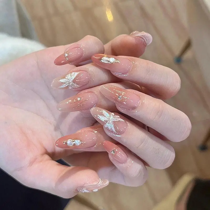 False Nails 15PCS Nail Stickers Handmade Usable Kuku Palsu Plain Color (Free Jelly Sticker, Toolkit) for Manicure Press on Nail for Women Peach Powder Butterfly
